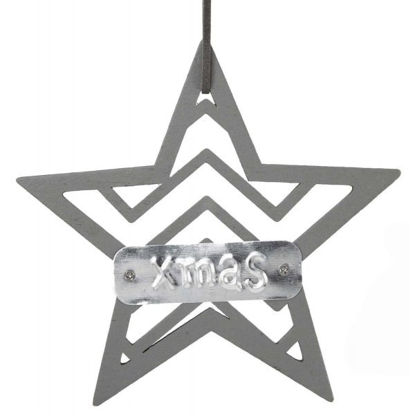Χριστουγεννιάτικο Κρεμαστό Ξύλινο Αστέρι Ασημί, με Επιγραφή "X-MAS" (13cm)